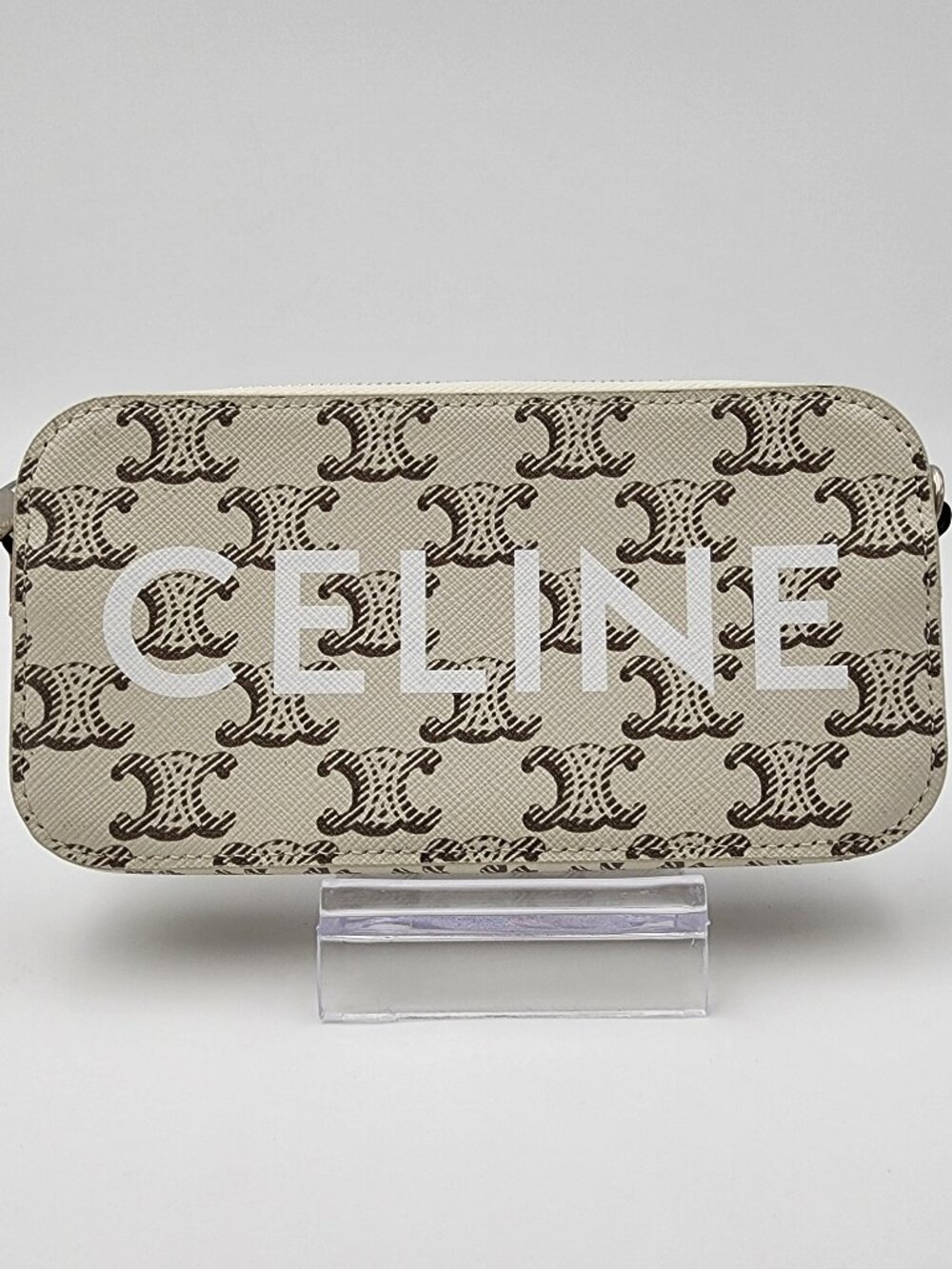 Celine Triomphe Canvas and Calfskin Horizontal Pouch White Tan